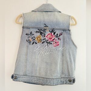 Miss Me Denim Distressed Vest With Embroidered Roses On Back. Sz. Sm.